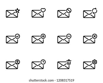 Set of black vector icons, isolated against white background. Illustration on a theme E-mail. Line, outline, stroke, pictogram