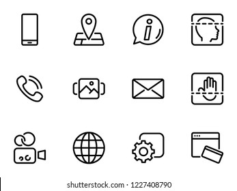 Set of black vector icons, isolated against white background. Illustration on a theme Mobile applications and functions. Line, outline, stroke, pictogram