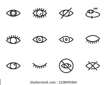 Set of black vector icons, isolated against white background. Illustration on a theme Eye. Line, outline, stroke, pictogram