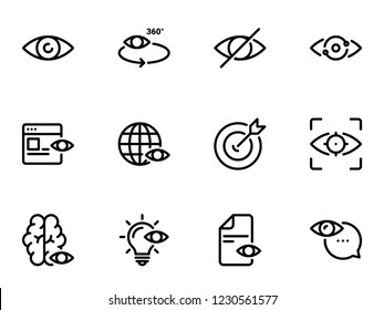 Set of black vector icons, isolated against white background. Illustration on a theme Eye. Line, outline, stroke, pictogram