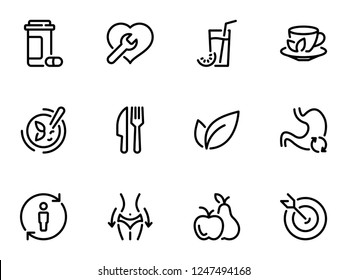 Set of black vector icons, isolated against white background. Illustration on a theme Detoxification. Line, outline, stroke, pictogram