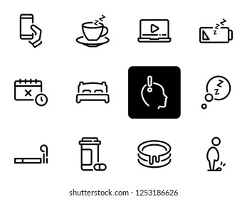 Set of black vector icons, isolated against white background. Illustration on a theme Laziness, depression and irresponsibility. Line, outline, stroke, pictogram