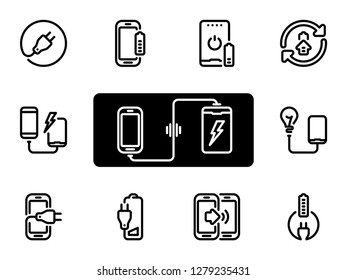 Set of black vector icons, isolated against white background. Illustration on a theme charging gadgets using Power Bank. Line, outline, stroke, pictogram