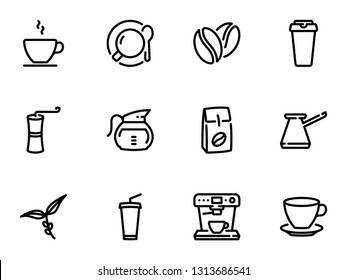 Set of black vector icons, isolated against white background. Illustration on a theme Coffee. Line, outline, stroke, pictogram svg