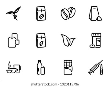 Set of black vector icons, isolated against white background. Illustration on a theme The main types of tea and coffee. Caffeine. Line, outline, stroke, pictogram