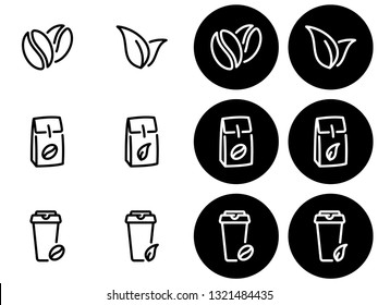 Set of black vector icons, isolated against white background. And also white icons isolated from a black background. Illustration on a theme Tea and coffee. Line, outline, stroke