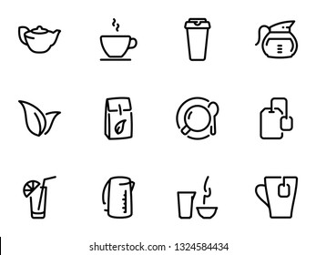 Set of black vector icons, isolated against white background. Illustration on a theme Tea. Line, outline, stroke, pictogram