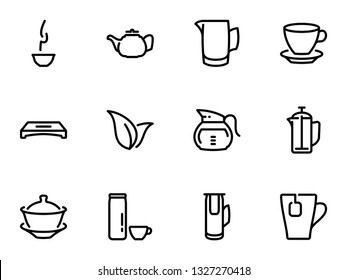 Set of black vector icons, isolated against white background. Illustration on a theme Tea. Line, outline, stroke, pictogram