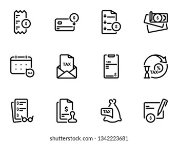 Set of black vector icons, isolated against white background. Illustration on a theme The sequence of work with the tax inspectorate. Line, outline, stroke, pictogram