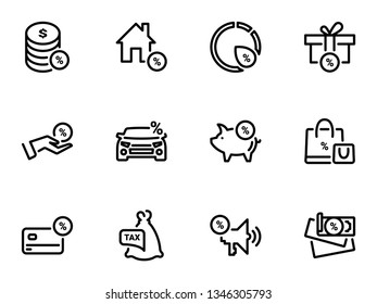 Set of black vector icons, isolated against white background. Illustration on a theme Basic elements of taxation and lending. Line, outline, stroke, pictogram