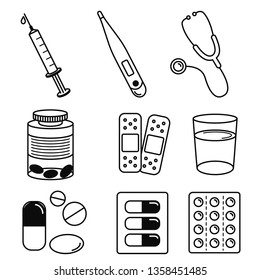 Set of black vector icons isolated on white background. Illustration on the theme of medical devices. The phonendoscope, thermometer, syringe, pill, beaker, adhesive plaster.