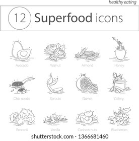 Set of black vector icons, isolated against white background. Illustration on the theme of super food. 
Contains such Icons as Walnut, avocado, almond, honey, chia seeds, Sprouts, Garnet, Celery...