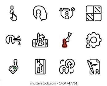 Set of black vector icons, isolated against white background. Illustration on a theme Learning chess strategy games. Artificial Intelligence, Books, and Game Records. Line, outline, stroke, pictogram