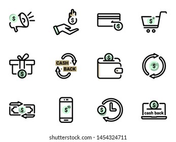 Set of black vector icons, isolated against white background. Illustration on a theme cashback, gift, discount, free. Line, outline, stroke, pictogram