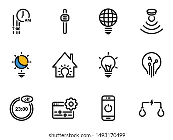 Set of black vector icons, isolated against white background. Illustration on a theme Smart home light, AI, night mode, fine-tuning, smartphone control. Line, outline, stroke, pictogram