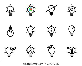 Set of black vector icons, isolated against white background. Illustration on a theme Bulb. Line, outline, stroke, pictogram