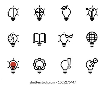 Set of black vector icons, isolated against white background. Illustration on a theme Creative light source, warning, tuning and using smart bulbs. Line, outline, stroke, pictogram