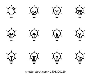Set of black vector icons, isolated against white background. Illustration on a theme Bulb. Line, outline, stroke, pictogram