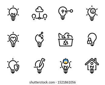 Set of black vector icons, isolated against white background. Illustration on a theme Smart light bulbs are part of a smart home. Line, outline, stroke, pictogram