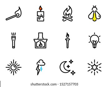Set of black vector icons, isolated against white background. Illustration on a theme Artificial and natural light sources. Line, outline, stroke, pictogram