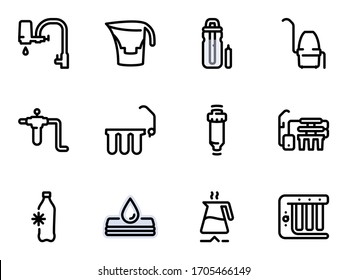 Conjunto de iconos vectoriales negros, aislados contra fondo blanco. Ilustración sobre un tema Métodos de purificación de agua, tipos de filtros