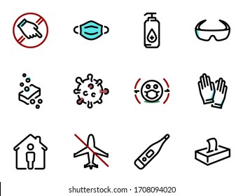 Set of black vector icons, isolated against white background. Illustration on a theme Key preventative solutions and limitations during a pandemic. Line, outline, stroke, pictogram