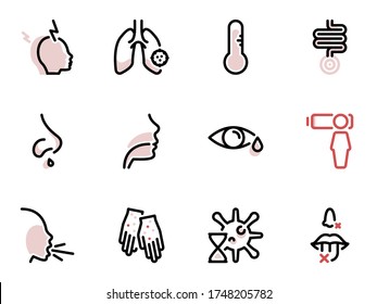 Set Of Black Vector Icons, Isolated Against White Background. Illustration On A Theme The Main Symptoms Of Respiratory Illness. Line, Outline, Stroke, Pictogram