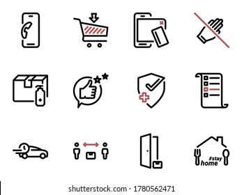 Conjunto de iconos vectoriales negros, aislados contra fondo blanco. Ilustración sobre un servicio temático, entrega sin contacto de mercancías a la puerta en una pandemia