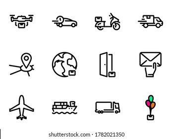 Set of black vector icons, isolated against white background. Illustration on a theme Service for the delivery of goods. Line, outline, stroke, pictogram