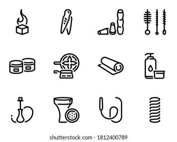 Set of black vector icons, isolated against white background. Illustration on a theme Hookah smoking. Line, outline, stroke, pictogram