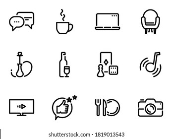 Set of black vector icons, isolated against white background. Illustration on a theme Entertainment activities, hookah, tea, gatherings. Line, outline, stroke, pictogram