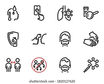 Satz von schwarzen Vektorsymbol, einzeln auf weißem Hintergrund. Flache Illustration zum Thema Coronavirus, Hilfe, Forschung und Schutz
