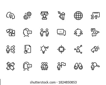 Conjunto de iconos vectoriales negros, aislados contra fondo blanco. Ilustración plana sobre el tema Comunicación y trabajo en equipo
