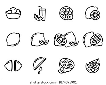 Set of black vector icons, isolated against white background. Flat illustration on a theme lemon, lime. Line, outline, stroke, pictogram