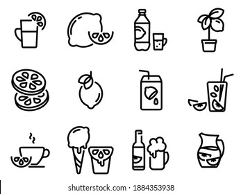 Set of black vector icons, isolated against white background. Flat illustration on a theme lemon, lime. Line, outline, stroke, pictogram
