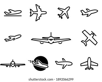 Set of black vector icons, isolated against white background. Flat illustration on a theme Air transport, aircraft. Line, outline, stroke, pictogram