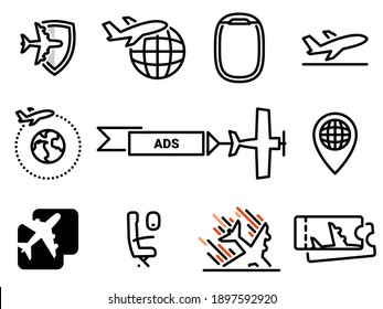 Set of black vector icons, isolated against white background. Flat illustration on a theme Air transport, aircraft. Line, outline, stroke, pictogram