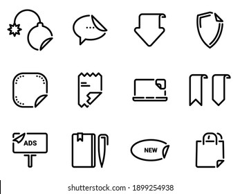 Conjunto de iconos vectoriales negros, aislados contra fondo blanco. Ilustración plana sobre pegatinas, archivos y marcadores de temas