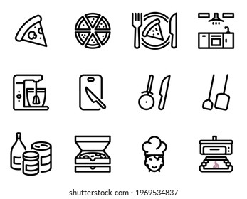 Set of black vector icons, isolated against white background. Flat illustration on a theme making pizza. Line, outline, stroke, pictogram