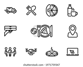 Set of black vector icons, isolated against white background. Flat illustration on a theme pizza delivery home. Line, outline, stroke, pictogram