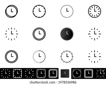 Set of black vector icons, isolated against white background. Flat illustration on a theme watches and dials. Line, outline, stroke, pictogram