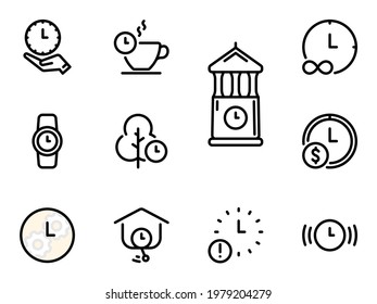 Set of black vector icons, isolated against white background. Flat illustration on a theme clock and time elements. Line, outline, stroke, pictogram