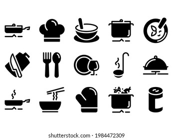 Set of black vector icons, isolated against white background. Flat illustration on a theme dishes for cooking dishes from the chef, and Japanese cuisine, pictogram