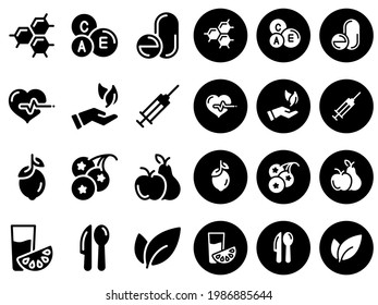 Set of black vector icons, isolated against white background, additional collection on black background. Illustration on a theme Vitamins and supplements. Natural and chemical, pictogram