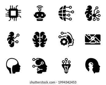 Set of black vector icons, isolated against white background. Flat illustration on a theme Artificial intelligence, integration with the human brain. Fill, glyph, pictogram