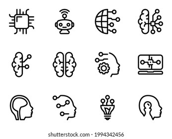 Set of black vector icons, isolated against white background. Flat illustration on a theme Artificial intelligence, integration with the human brain. Line, outline, stroke, pictogram