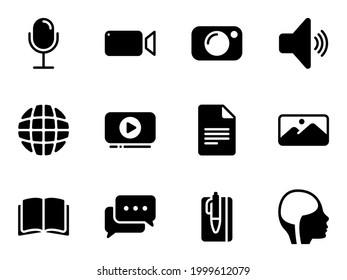 Set of black vector icons, isolated against white background. Flat illustration on a theme content creation tools and types. Fill, glyph, pictogram