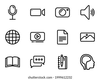 Set of black vector icons, isolated against white background. Flat illustration on a theme content creation tools and types. Line, outline, stroke, pictogram