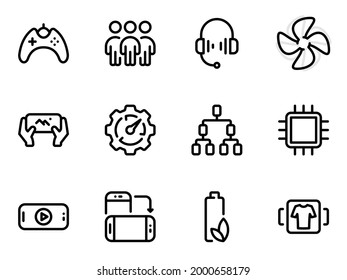 Satz von schwarzen Vektorsymbol, einzeln auf weißem Hintergrund. Flache Illustration zu einem Thema Gaming Wettbewerbe auf Mobiltelefonen. Linie, Umriss, Hub