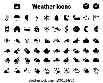 Conjunto de iconos vectoriales negros, aislados contra fondo blanco. Ilustración plana sobre el tema de los símbolos y señales meteorológicas. Relleno, glifo